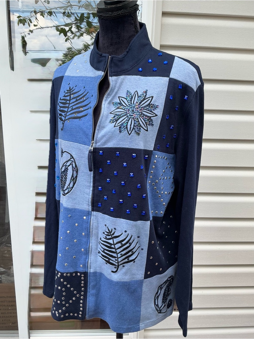 Essentials Navy and Light Blue Patchwork Embellished Zip Jacket